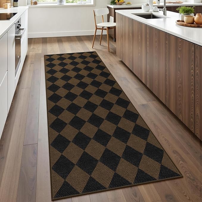 Easy Jute Checkered Runner Rug, 2.6x8 Coffee Modern Washable Rugs Runner - Image 5