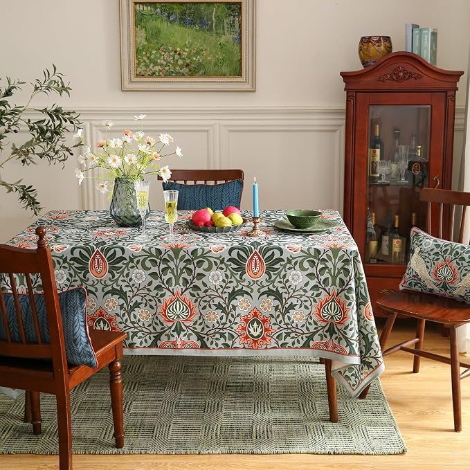 ISAENNE Designer Bohemian Linen Green Small Rectangular Tablecloth, Floral - Image 2