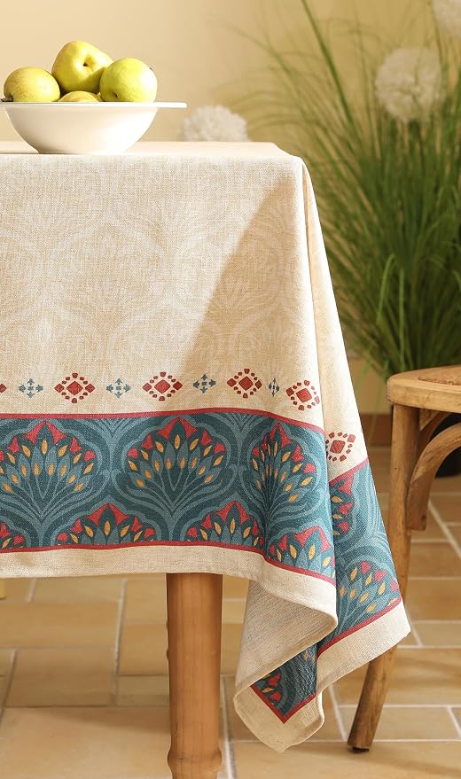 Vintage Beige Linen Extra Long Rectangle Tablecloth, Paisley Farmhouse Feather - Image 9