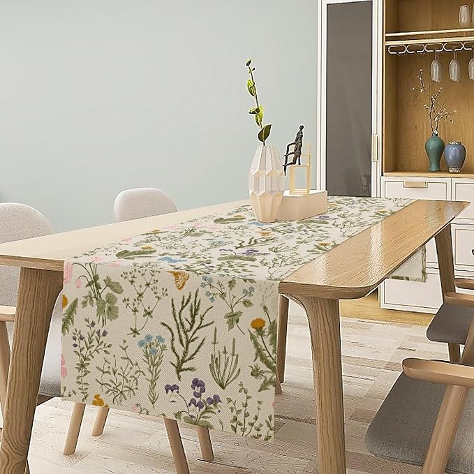 Vintage Wildflower Table Runner, Spring Floral Herbs Botanical Summer Butterfly - Image 3