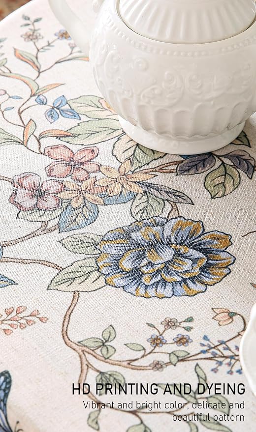 ISAENNE Designer French Light Beige Round Tablecloth, Linen Florals and Birds - Image 8