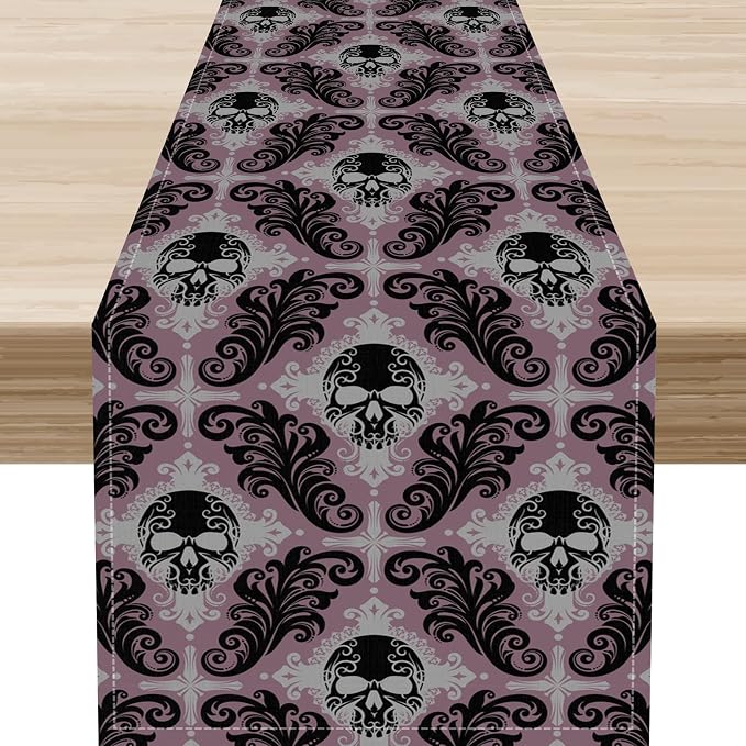 Goth Table Runner, Antique Gothic Damask Skull Baroque Style Floral Halloween by Unknown