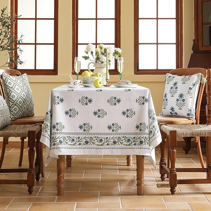 ISAENNE Designer White Linen Extra Long Rectangle Tablecloth, Chinoiserie - Image 3