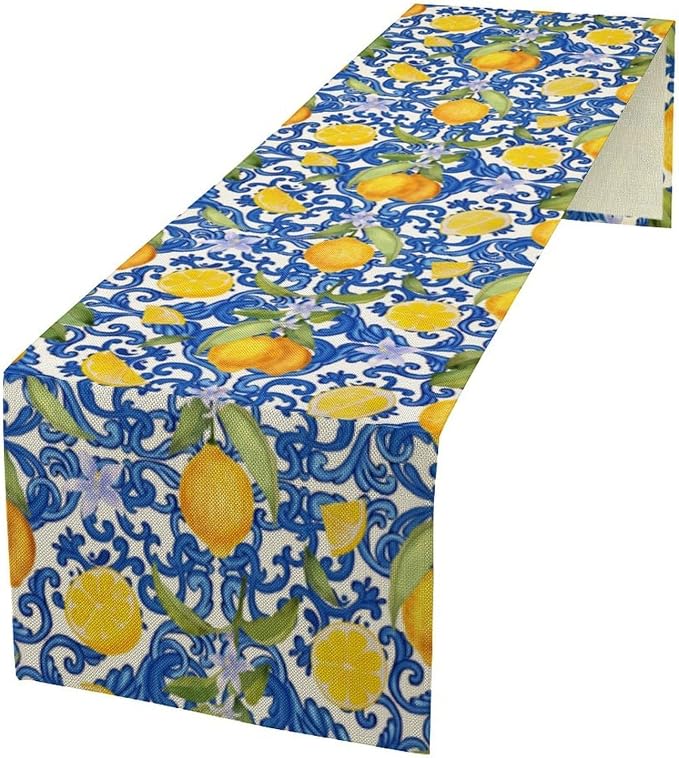 Rustic Lemon Table Runner, Vintage Morocco Blue Mediterranean Spring Summer by Unknown