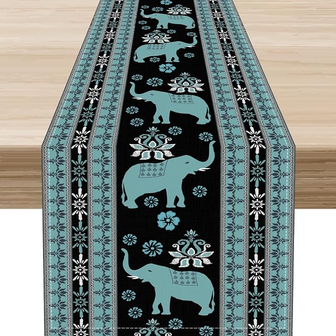 African Tribal Table Runner, Boho Elephants Tribal Traditional Indian Diwali by Unknown