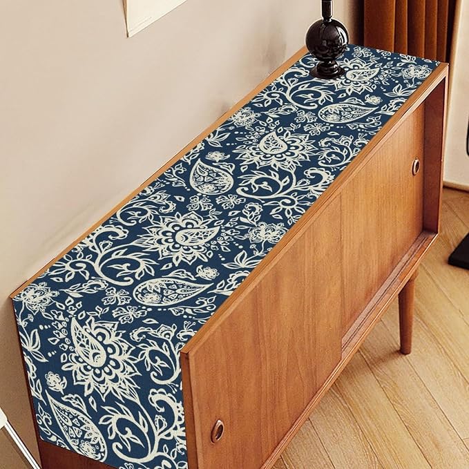 Blue Paisley Table Runner, Vintage Damask Antique Floral Flower Boho Damask - Image 3