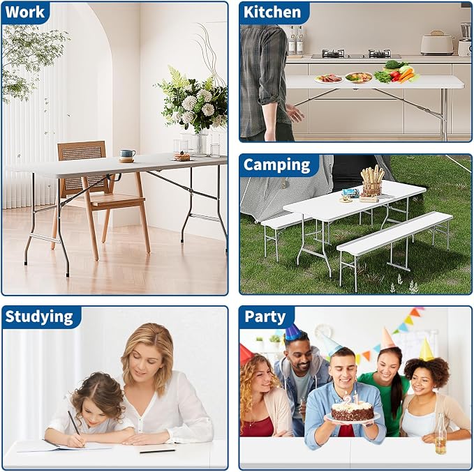 HLPB Folding Table 6ft, Foldable Portable Heavy Duty Plastic Fold-in-Half - Image 8
