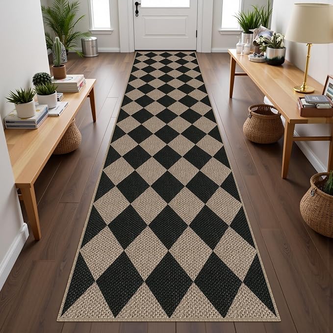 Easy Jute Checkered Runner Rug, 2.6x10 Black Modern Washable Rugs Runner by Rugalia