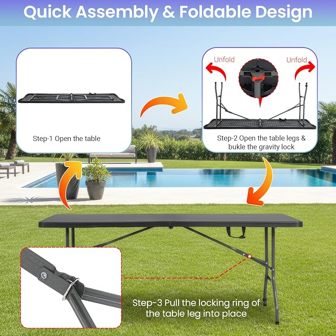 FDW 6FT Folding Table, Portable Fold-in-Half Plastic Picnic Party Table - Image 5