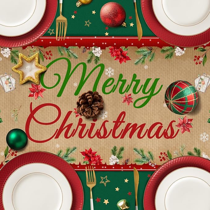Merry Christmas Burlap Table Runner Seasonal Spring Fall Kitchen Dining Linen - Image 5