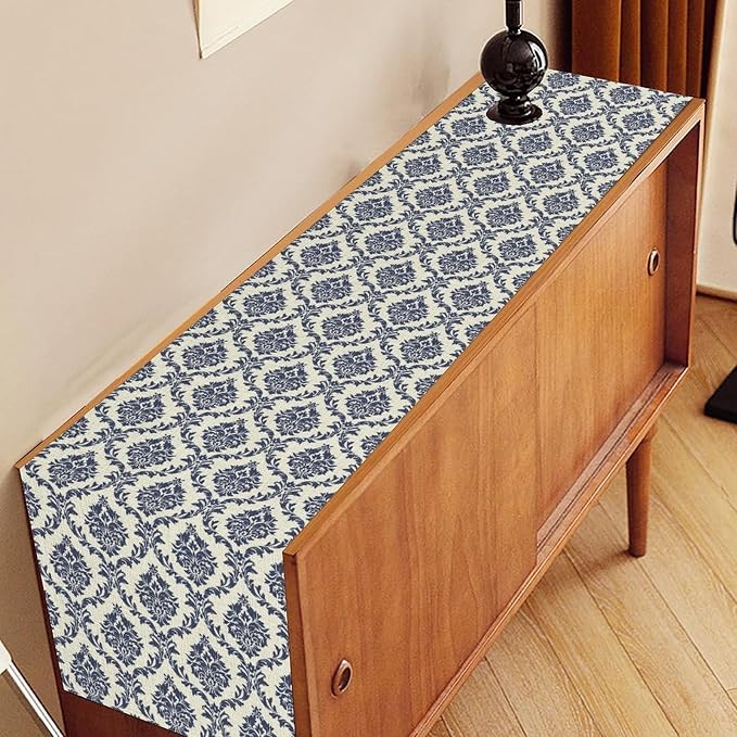 Damask Table Runner, Rustic Gothic Baroque Style Floral Bohemian Boho Blue - Image 3