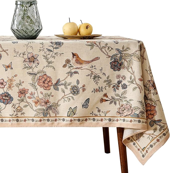 ISAENNE Designer French Light Beige Long Tablecloth Rectangle, Linen Florals by Isaennehomedecoration