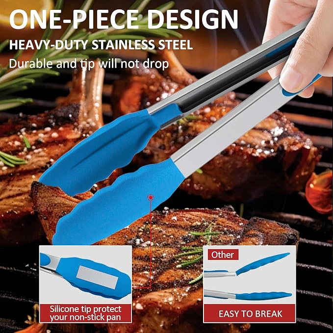 Tongs Set, 9 Pieces in 7, 9 and 12 Inch Sizes with Silicone Tips