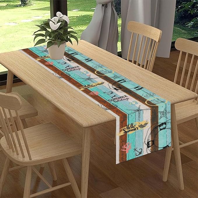 Retro Summer Table Runner, Coastal Starfish Beach Seashell Ocean Nautical - Image 2