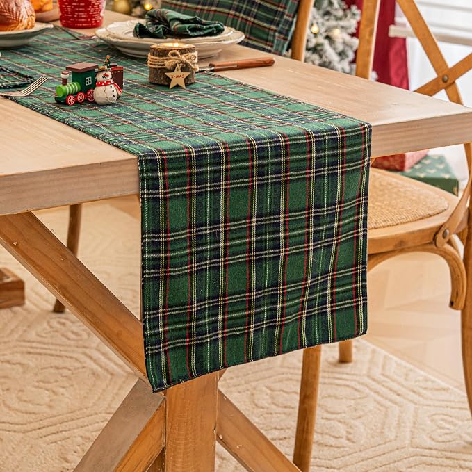 Green Blue Plaid Christmas Table Runner, Winter Holiday Table Runners 108 - Image 3