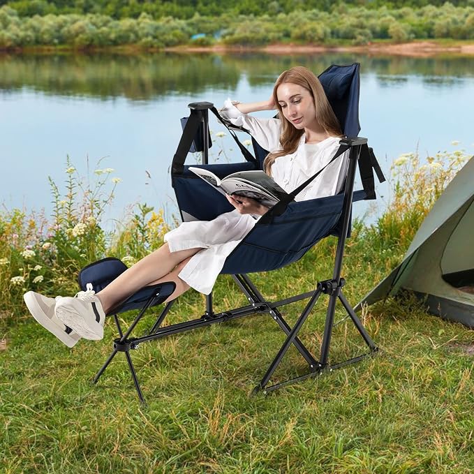Camping Chair 2-Pack, Navy Folding Chair with Headrest and Cup Holder