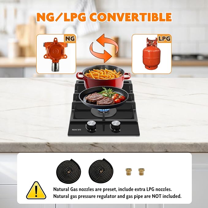 2 Burner Gas Cooktop, 12 Inch Built-in Propane/LPG/NG Dual Fuel Stove, - Image 5