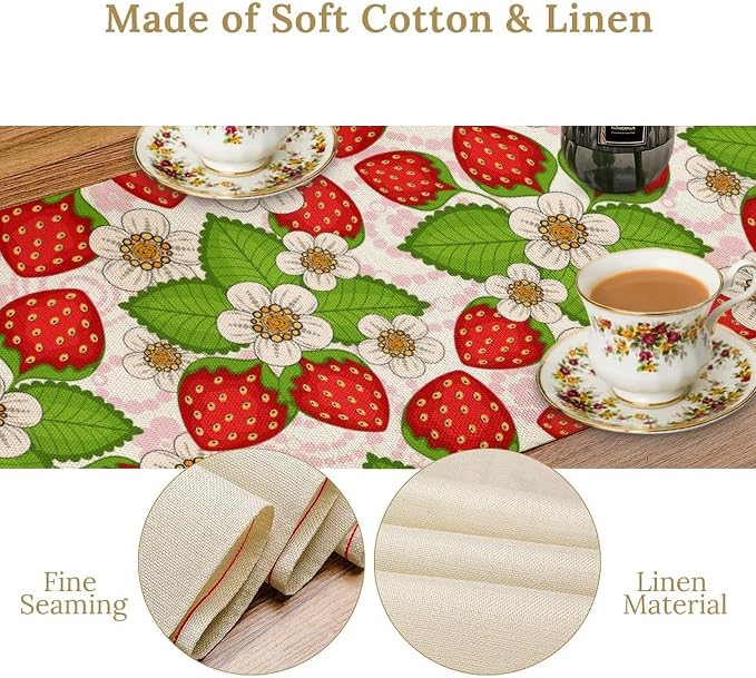 Spring Strawberry Table Runner, Floral Strawberries Flowers Leaf Season - Image 4
