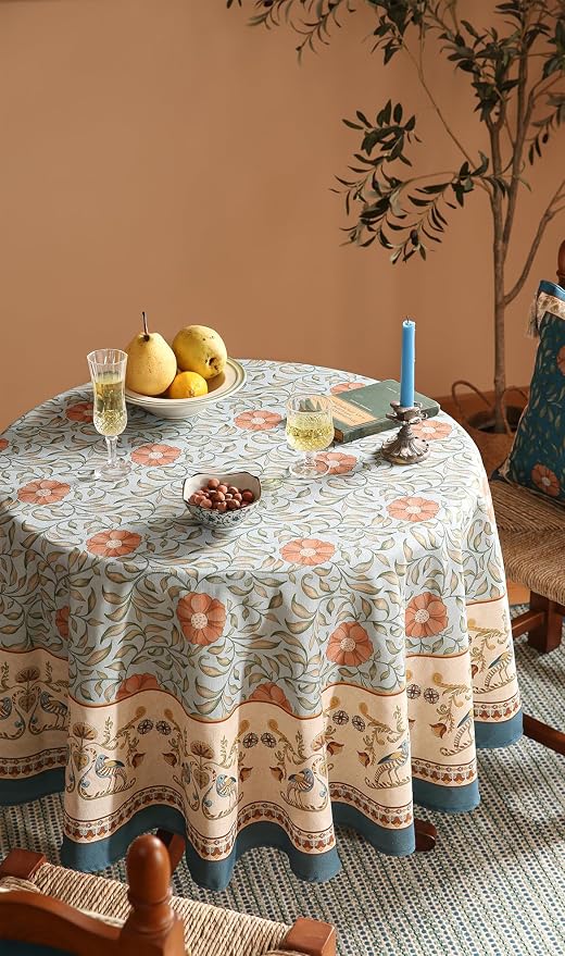 patdrea Designer French Linen Blue Round Table Cloth, Vintage Floral Tablecloth - Image 9