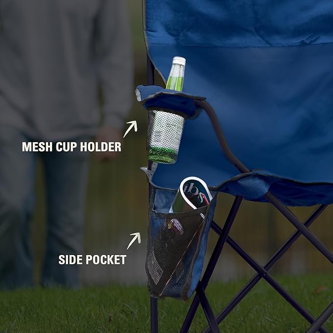 Camping Chair, Blue Folding Design with 4-Can Cooler and 325 lb Capacity