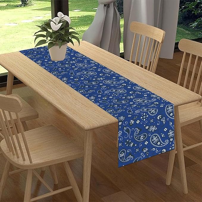 Blue Paisley Table Runner, Vintage Damask Antique Floral Flower Boho Damask - Image 2
