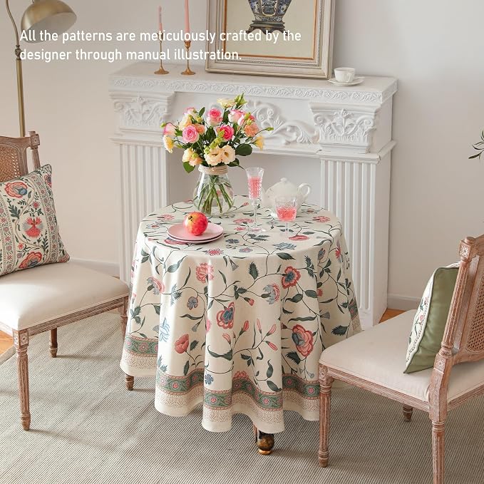 ISAENNE Designer Chinoiserie Linen Floral Round Tablecloth, Elegant Decor - Image 8