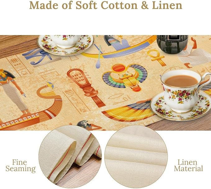 Egypt Table Runner, Ancient Egyptian Mythology Gods Hieroglyphic Elements Retro - Image 4