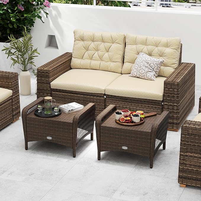 Tangkula 2 Pieces Outdoor Patio Wicker Ottomans - Image 4