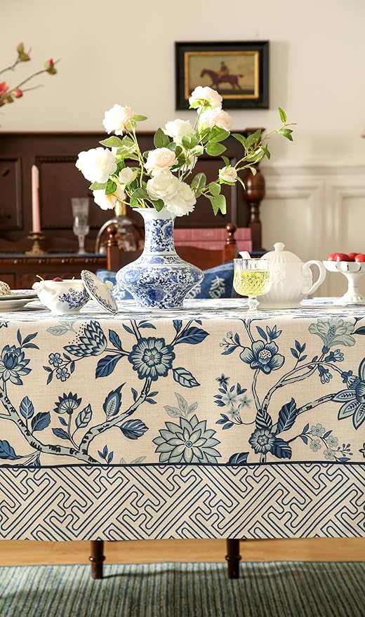 Vintage Blue and White Rectangle Tablecloth, French Linen Floral Wrinkle Free - Image 4