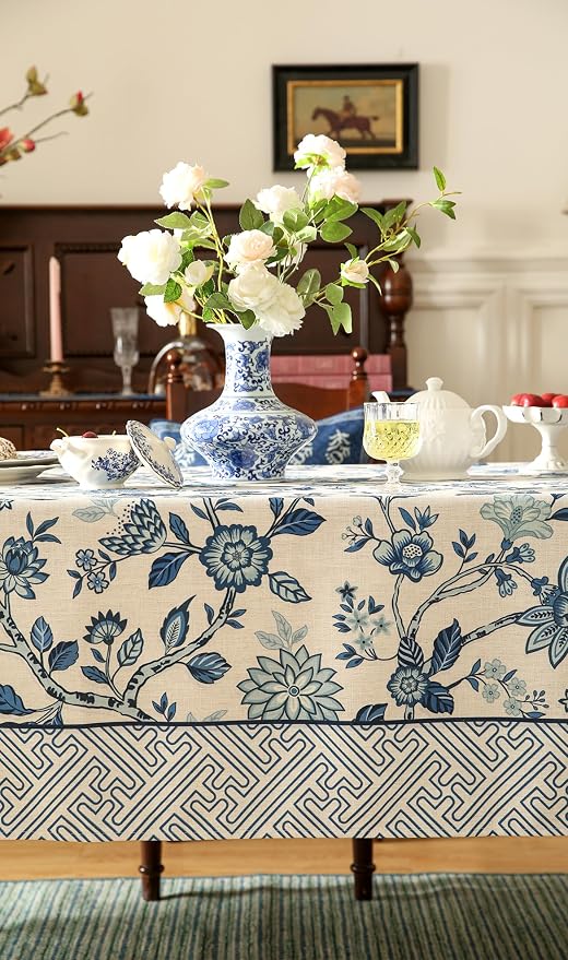 Vintage Blue and White Square Tablecloth, French Linen Floral Wrinkle Free - Image 4