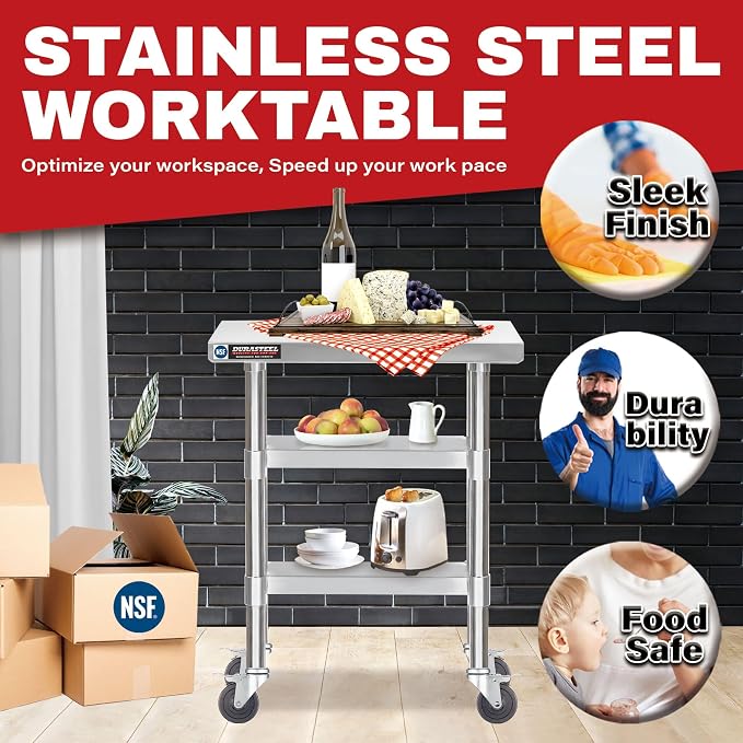 DuraSteel Stainless Steel Work Table 30" x 12" x 34" Height w/ 4 Caster Wheels - Image 3