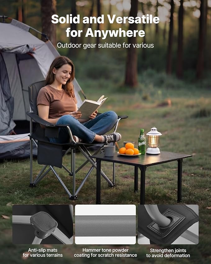 Folding Camping Chairs, Black 600D Oxford, 2-Pack