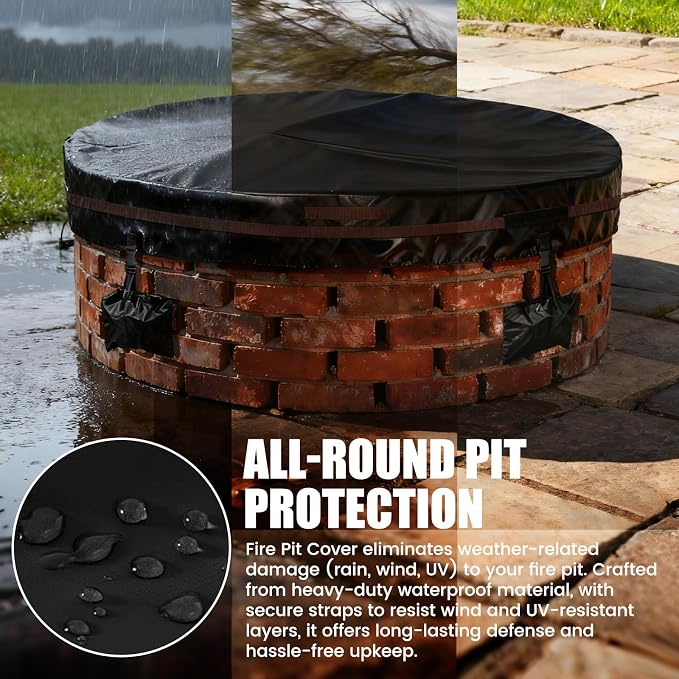 Outdoor Round Fire Pit Cover 66x9.5" Waterproof Tear-Resistant 600D Oxford PU - Image 4