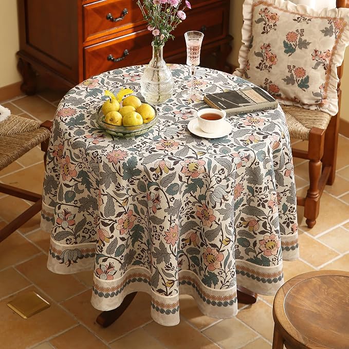 ISAENNE Designer Boho Floral Small Round Tablecloth, Linen Lotus Flower Pattern - Image 3