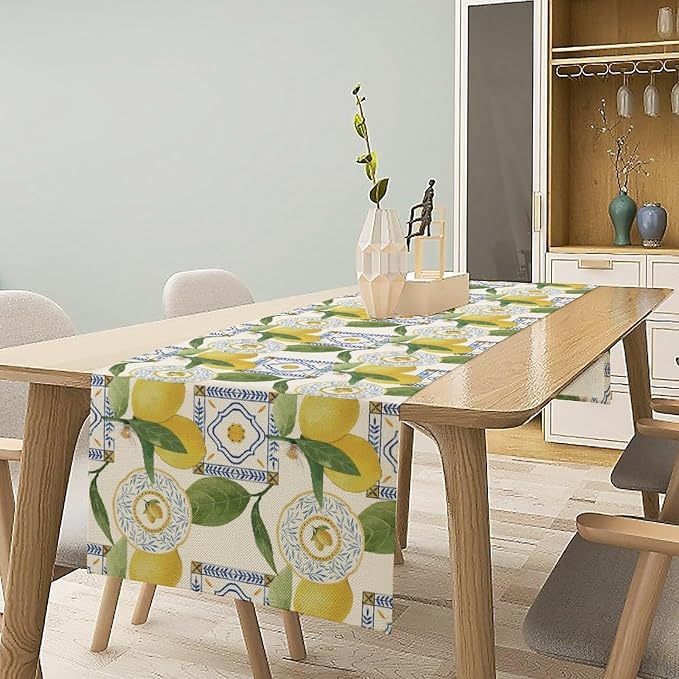 Tiles Lemon Table Runner, Watercolor Italian Tile Floral Plant Print Table - Image 3