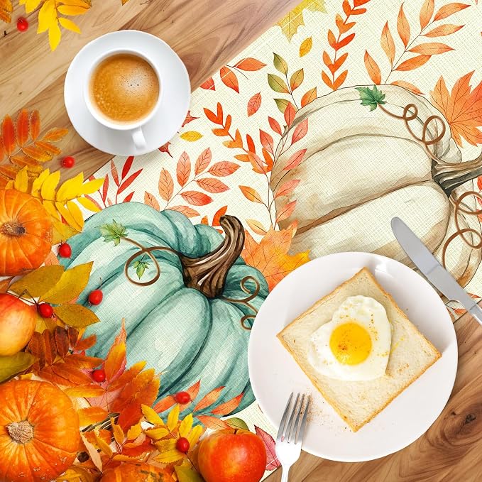 Pumpkin Fall Table Runner, Maple Leaf Autumn Thanksgiving Kitchen Table - Image 7
