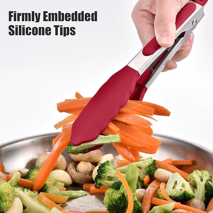 Tongs, 10.51-Inch Stainless Steel with 600°F Silicone Tips, Red