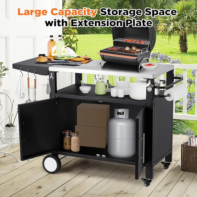 Outdoor Kitchen Storage Cabinet on Wheels, Grill Prep Table Kitchen Cabinets - Image 5