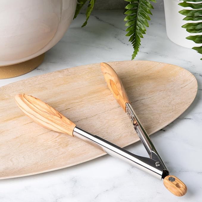 Kitchen Tongs in Olive Hardwood, Locking Long Handles