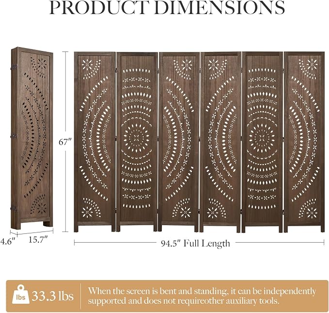 66.9Inch Folding Room Divider, 6 Panels Wood Carved Privacy Screens Free - Image 5