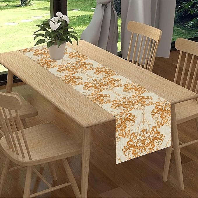 Damask Table Runner, Rustic Gold Gothic Boho Floral Flower Baroque Style - Image 2