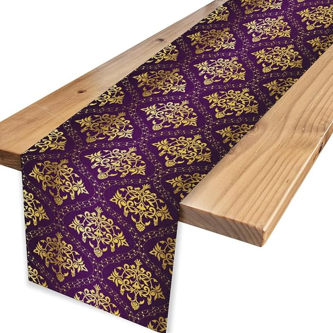 Vintage Table Runner, Retro Antique Gothic Purple Damask Floral Flower Pattern - Image 4