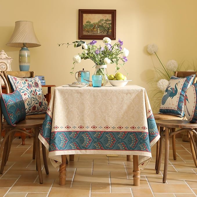 Vintage Beige Linen Extra Long Rectangle Tablecloth, Paisley Farmhouse Feather - Image 3