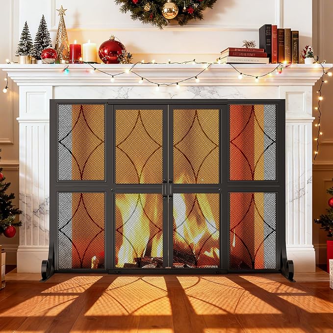 Fireplace Screen with Sliding Doors, 37.8" W x 30.7" H Modern Wrought Iron by Unknown
