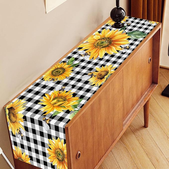 Sunflower Table Runner, Baffalo Plaid Summer Fall Yellow Florals Rustic - Image 3