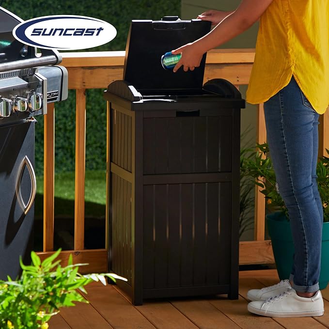 Suncast Trash Hideaway Outdoor Patio 33 Gal Garbage Waste Trash Can Bin - Image 6