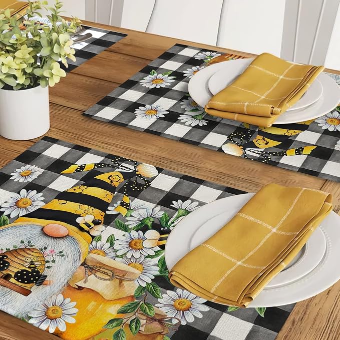 Seliem Spring Bee Gnome Daisy Placemats Set of 4, Honey Black White Buffalo - Image 6