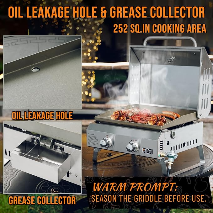 Tabletop Gas Griddle with Lid & Foldable Legs, 2-Burner BBQ Propane Flat Top - Image 7