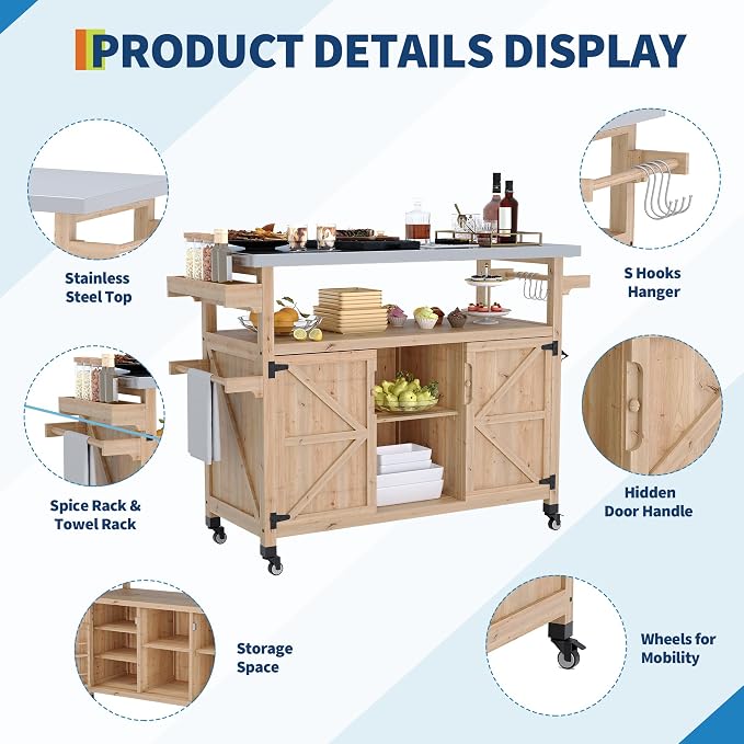 Garvee Outdoor Grill Cart with Storage, Outdoor Bar Cart Rolling BBQ Movable - Image 3