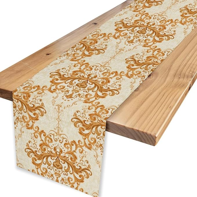 Damask Table Runner, Rustic Gold Gothic Boho Floral Flower Baroque Style - Image 4
